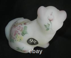 Fenton Art Glass Stylized Cat Figure Roses Satin Hand Painted 95th Anniversaary