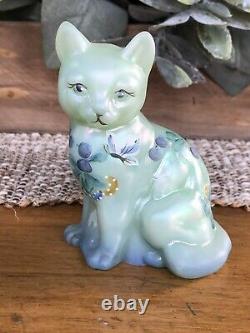 Fenton Art Glass-sitting Cat-sea Foam Green, Blue Trim-butterfly, Flowers-signed