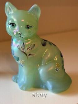 Fenton Art Glass-sitting Cat-sea Foam Green, Blue Trim-butterfly, Flowers-signed