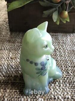 Fenton Art Glass-sitting Cat-sea Foam Green, Blue Trim-butterfly, Flowers-signed