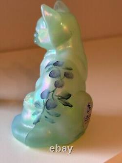 Fenton Art Glass-sitting Cat-sea Foam Green, Blue Trim-butterfly, Flowers-signed