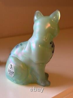 Fenton Art Glass-sitting Cat-sea Foam Green, Blue Trim-butterfly, Flowers-signed