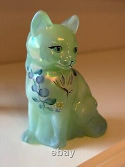 Fenton Art Glass-sitting Cat-sea Foam Green, Blue Trim-butterfly, Flowers-signed