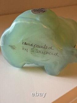 Fenton Art Glass-sitting Cat-sea Foam Green, Blue Trim-butterfly, Flowers-signed