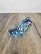 Fenton Blue Iridescent Glass Cat Hand Painted Cat Figurine Paperweight Signed