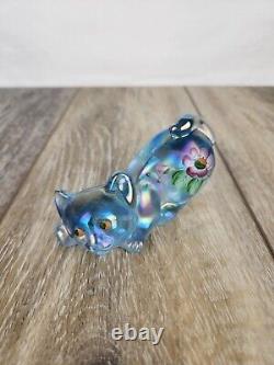 Fenton Blue Iridescent Glass Cat Hand Painted Cat Figurine Paperweight Signed