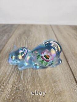 Fenton Blue Iridescent Glass Cat Hand Painted Cat Figurine Paperweight Signed