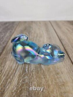 Fenton Blue Iridescent Glass Cat Hand Painted Cat Figurine Paperweight Signed