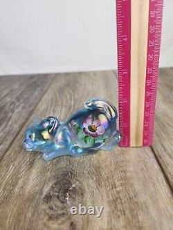 Fenton Blue Iridescent Glass Cat Hand Painted Cat Figurine Paperweight Signed
