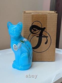 Fenton Cat W DRAGONFLIES ON SKY BLUE STYLIZED FIGURINE W Original Box Signed