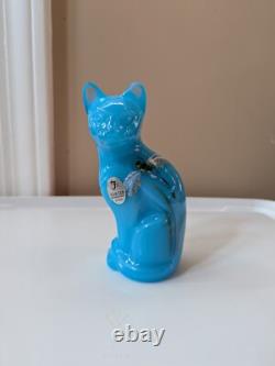 Fenton Cat W DRAGONFLIES ON SKY BLUE STYLIZED FIGURINE W Original Box Signed