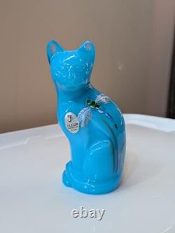 Fenton Cat W DRAGONFLIES ON SKY BLUE STYLIZED FIGURINE W Original Box Signed