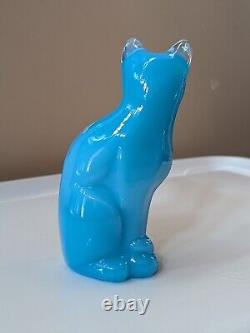 Fenton Cat W DRAGONFLIES ON SKY BLUE STYLIZED FIGURINE W Original Box Signed