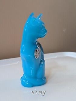 Fenton Cat W DRAGONFLIES ON SKY BLUE STYLIZED FIGURINE W Original Box Signed