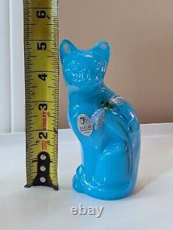 Fenton Cat W DRAGONFLIES ON SKY BLUE STYLIZED FIGURINE W Original Box Signed