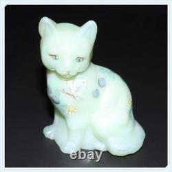 Fenton Glass Cat #5165 Floral Interlude On Sea Mist Hand Painted Signed