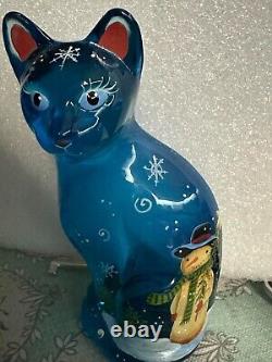 Fenton Glass Cat Blue Turquoise Hand Painted Signed P Hayhurst 5 snowman, trees