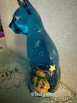 Fenton Glass Cat Blue Turquoise Hand Painted Signed P Hayhurst 5 snowman, trees