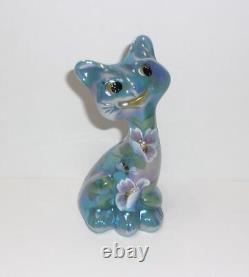 Fenton Glass Georgia Blue Carnival Bees & Flowers 4 Happy Kitty Cat FAGCA LE