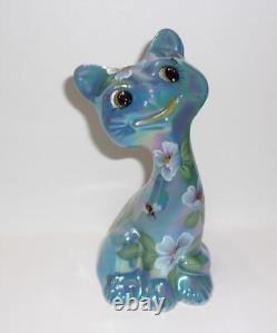 Fenton Glass Georgia Blue Carnival Bees & Flowers 6 Happy Cat FAGCA Ltd Ed