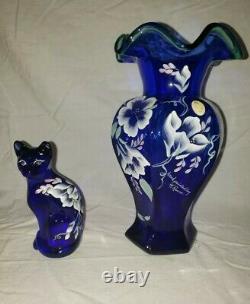 Fenton Glass Hand Painted Cobalt Blue Vase 75th Anniversary (signed) and Cat