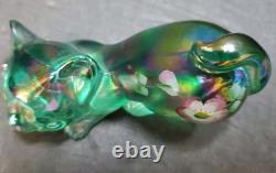 Fenton Glass Pouncing Green Iridescent Painted Cat Signed D. Cutshaw