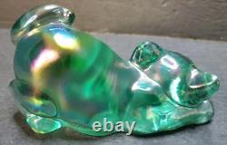 Fenton Glass Pouncing Green Iridescent Painted Cat Signed D. Cutshaw