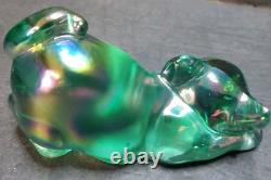 Fenton Glass Pouncing Green Iridescent Painted Cat Signed D. Cutshaw
