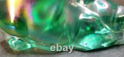 Fenton Glass Pouncing Green Iridescent Painted Cat Signed D. Cutshaw