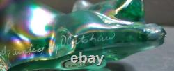 Fenton Glass Pouncing Green Iridescent Painted Cat Signed D. Cutshaw