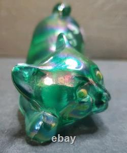 Fenton Glass Pouncing Green Iridescent Painted Cat Signed D. Cutshaw