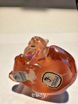 Fenton Handpainted Opalescent Hand Painted Pink Art Glass Cat Signed