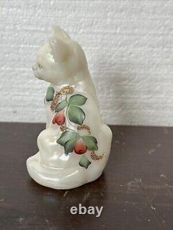 Fenton Opalescent Glass Cat Hand Painted, Signed, Floral Glitter Christmas