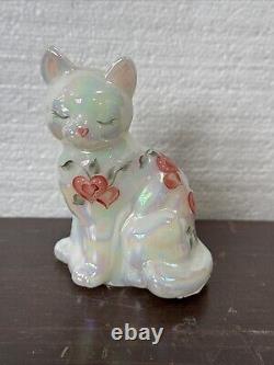 Fenton Opalescent Glass Cat Hand Painted, Signed, Hearts Vine Valentines