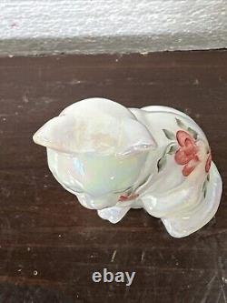 Fenton Opalescent Glass Cat Hand Painted, Signed, Hearts Vine Valentines