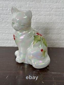 Fenton Opalescent Glass Cat Hand Painted, Signed, Poinsettia Christmas