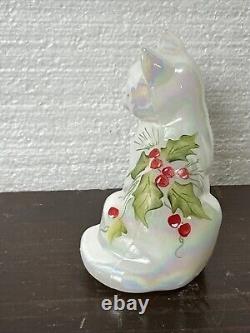 Fenton Opalescent Glass Cat Hand Painted, Signed, Poinsettia Christmas