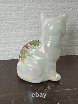 Fenton Opalescent Glass Cat Hand Painted, Signed, Poinsettia Christmas