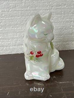 Fenton Opalescent Glass Cat Hand Painted, Signed, Poinsettia Christmas