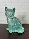 Fenton Opalescent Green Glass Cat Hand Painted, Signed, Pinkwhite Floral Glitter