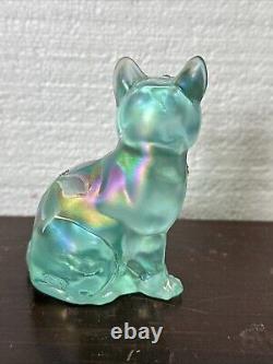 Fenton Opalescent Green Glass Cat Hand Painted, Signed, PinkWhite Floral Glitter