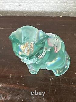 Fenton Opalescent Green Glass Cat Hand Painted, Signed, PinkWhite Floral Glitter
