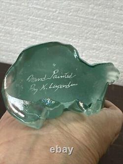 Fenton Opalescent Green Glass Cat Hand Painted, Signed, PinkWhite Floral Glitter