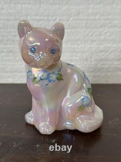 Fenton Opalescent Pink Glass Cat Hand Painted, Signed, Blue Floral Vine