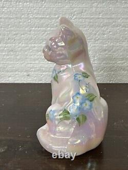 Fenton Opalescent Pink Glass Cat Hand Painted, Signed, Blue Floral Vine