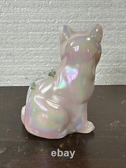 Fenton Opalescent Pink Glass Cat Hand Painted, Signed, Blue Floral Vine