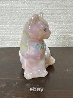 Fenton Opalescent Pink Glass Cat Hand Painted, Signed, Blue Floral Vine