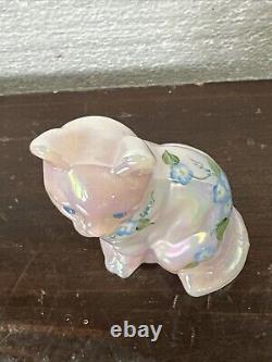 Fenton Opalescent Pink Glass Cat Hand Painted, Signed, Blue Floral Vine
