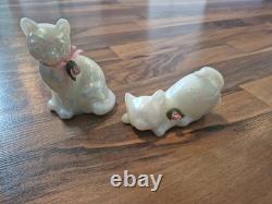 Fenton Opalescent White Cats Figurine, Pink Rose, Art Deco