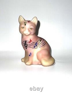 Fenton Pink Burmese Sitting Cat, Musical Notes, Hand Painted by CC Hardman